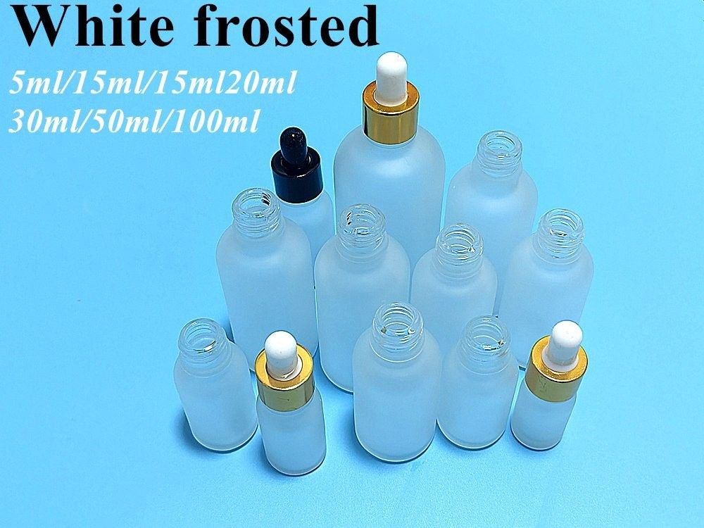 5ml 10ml 15ml 20ml 30ml 1oz 空の精油ボトル ホワイト フロストグラスドロッパー 金色のリングドロッパーキャップ付きボトル