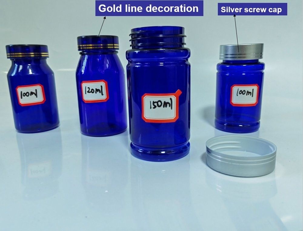 100cc 120cc 150cc 錠剤用プラスチックボトル カプセル 透明 青色 ペット用 再充填可能な プラスチック固体用薬ボトル